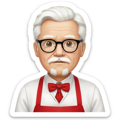 Colonel Sanders KFC, old man with white hair and white goatee, wearing black square glasses, white T-shirt and red apron sticker