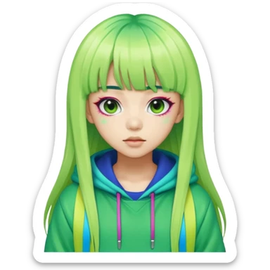  portrait-of-a-green-skin-alien-k-pop-idol,-wearing-a-stylish-streetwear-outfit-with-layered-colorful-clothing,-long-hair-with-bangs,-makeup,- sticker