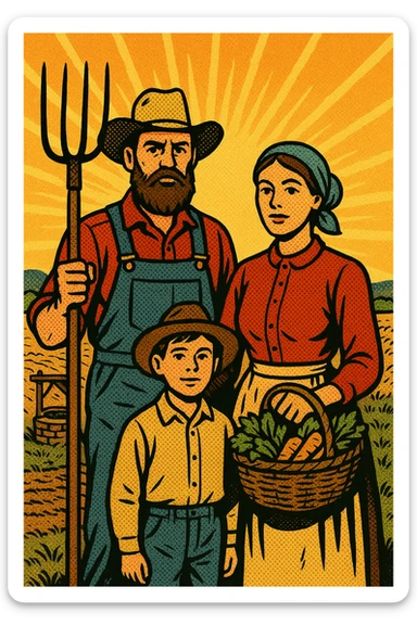A homestead farming family from the 1860s standing in front of their sod house on the Great Plains. The father is holding a pitch fork and the mother is carrying a basket of crops. The land in the background has crops which are struggling to grow with a small well sticker
