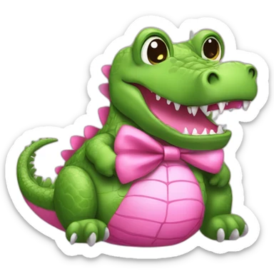 i need a PINK crocodile emoji but this crocodile must be pink. he has a baby pacifier in his mouth and a bow on his head. he also holds a teddy bear in his paws sticker