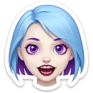 pale girl with baby blue hair, purple eyes and vampire teeth sticker