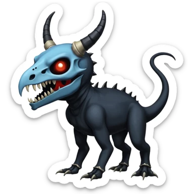 Shiny Dark Edgy  Duskull-Salandit-Inteleon-Amaura-Fakémon-hybrid-creature (full body) with a horned animal-skull-mask sticker