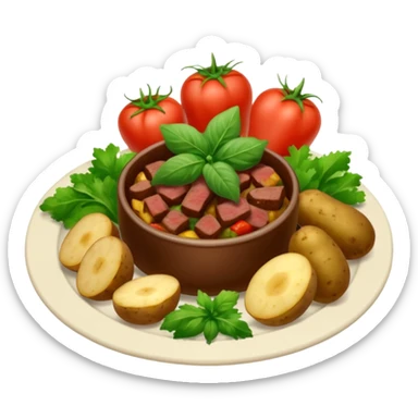 prato de jantar de buffet com pedaços de bife, batatas inglesas cortadas e vegetais verdes (como brocolis e tomates pequenos) sticker