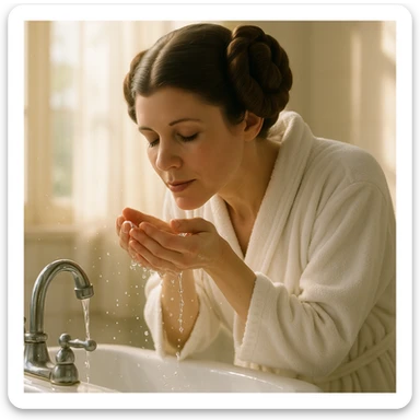 Princess Leia from Star Wars washing her face, wearing a robe, fresh and bright morning atmosphere sticker