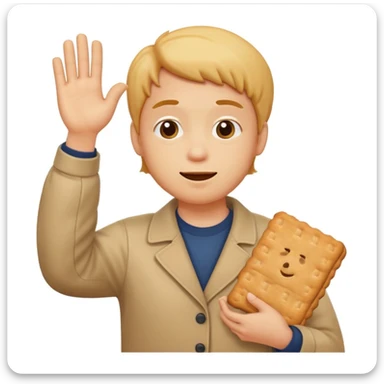 Create an Apple emoji style character inspired by the reference images. The character should have a slouching posture, chin sticking out, grimacing expression, full body, 3/4 angle, and be waving a biscuit. No text included. sticker