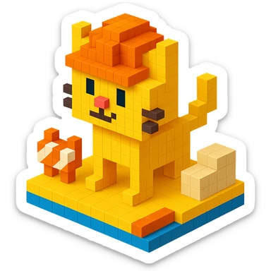 cat in orange safety helmet standing on a construction site in voxel style sticker