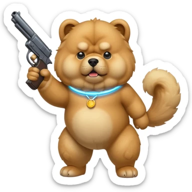 Funny cartoon-style chow chow dog with light fur standing on its hind legs and holding a gun menacingly sticker
