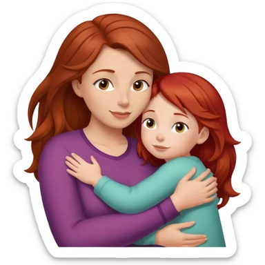 Brown haired mom with red head 3 year old daughter hugging sticker