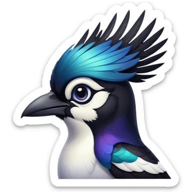 Cinematic Noble Magpie Portrait Emoji, Poised and sleek, with striking, iridescent black and white plumage, a sharp, inquisitive beak, and intense, observant eyes, Simplified yet sharp and sophisticated features, highly detailed, glowing with a soft, urban gleam, high shine, intelligent and graceful, stylized with an air of mischievous charm, focused and alert, soft glowing outline, capturing the essence of a watchful and confident magpie that appears ready to dart out of the screen with effortless authority! sticker
