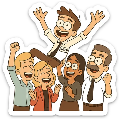 Remove the background from the image. Add a visible 'Sales' tag to the main guy being celebrated. Change the darker-skinned, bald guy on the bottom left to a blond, pale guy. Keep the cartoonish office celebration style consistent. sticker