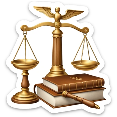 An icon featuring scales of justice, a gavel, and a legal book, symbolizing the study of law. The design includes courthouse pillars in the background, representing authority and legal systems. Transparent background highlights the principles of justice, order, and legal education. sticker
