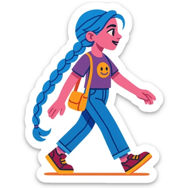 Jinx from Arcane in everyday life, jeans and t-shirt, walking on the street, vibrant toon style sticker
