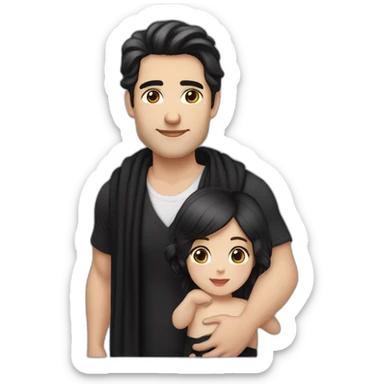 Daddy with black hair, white skin tone wear black shirt. His wife has white skin wear black long blaus, black shawl. The baby wear black tshirt sticker
