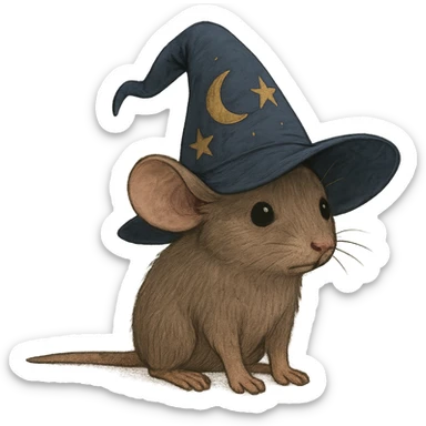 slightly awkward house mouse with muted brown fur, large outward tilted ears, small dark beady eyes looking uncertain, wearing oversized deep blue wizard hat with stitched stars and crescent moon, wide floppy uneven brim drooping at top, front paws flat, tail straight out behind emphasizing smallness and awkwardness sticker