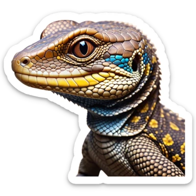 Cinematic Cute brown camo spotted monitor Lizard Portrait Emoji, Head tilted playfully and inquisitively, with a sleek, patterned body accented by vibrant hues and round, sparkling eyes full of wonder, Simplified yet irresistibly adorable features, highly detailed, glowing with a warm, friendly glow, high shine, affectionate and lively, stylized with a touch of exotic charm, bright and endearing, soft glowing outline, capturing the essence of a mischievous yet captivating lizard that seems as if it could scuttle out of the screen into your arms! sticker