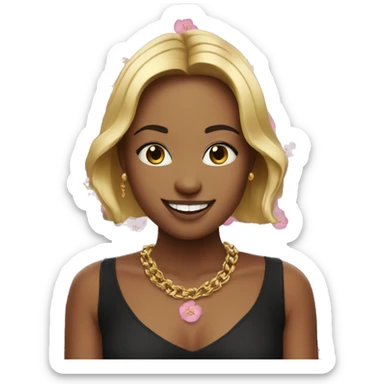 smiling with teeth, wearing a black blouse with a pattern of small pink flowers, a gold chain with a round pendant around her neck. sticker