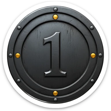 Minimal emoji, gothic metal coin made of black steel, engraved number 1 at the center, ancient industrial aesthetic, worn metal texture, no glow, no neon, flat emoji design, centered, transparent background sticker