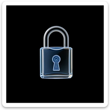 Photo of a 3d made of glass padlock, black void around symmetrical 3d render, rim light sticker