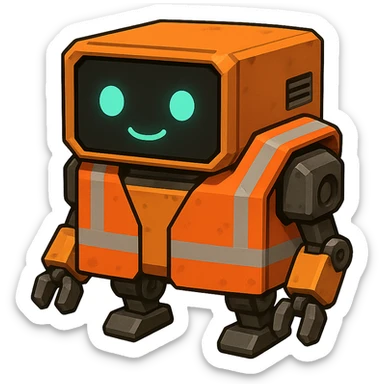 worker drone, compact, boxy shape, orange safety vest, simple face display sticker