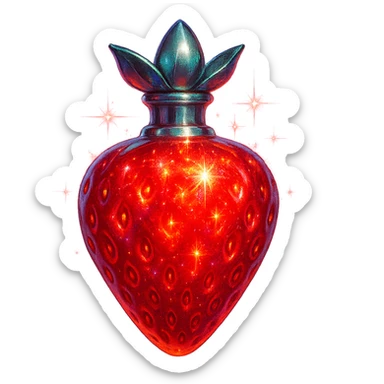 strawberry-shaped luxurious elixir bottle, vibrant red color, iridescent and silver details, intense magical glowing and sparkling effects, very small neck, seamless bottom, transparent background, floating, no base or shadow, modern, matching a collection sticker