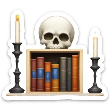 bookshelf with candlestick and skull sticker