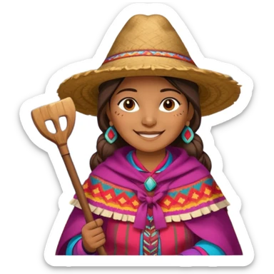 3D emoji style illustration of a Peruvian Andean farmer (woman), wearing traditional chullo hat and poncho, holding a hoe, smiling, mountains in background, bright natural colors, bold outlines, glossy sticker style, transparent background sticker