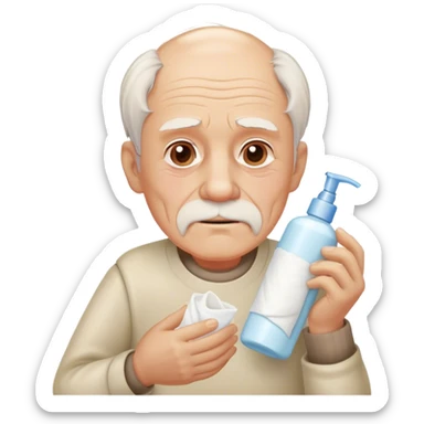 Old man with a bottle of lotion and tissues sticker