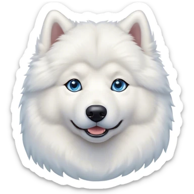 Cinematic Noble Samoyed Portrait Emoji, Poised and regal, with a majestic, sturdy build and a luxuriously fluffy pure white Fur, deep-set soulful blue eyes, Simplified yet sharp and sophisticated features, highly detailed, glowing with a soft, dignified glow, high shine, intelligent and gentle, stylized with an air of elegance, focused and attentive, soft glowing outline, capturing the essence of a watchful and confident companion, so majestic it feels as though it could bound out of the screen with effortless authority! sticker