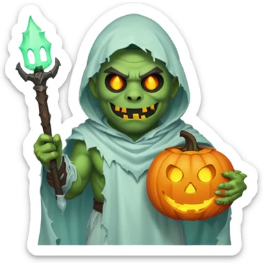 male orc warrior ghost emoji, green skin, wearing torn white ghost sheet costume, holding glowing jack-o'-lantern, faint blue aura, friendly but spooky expression, Halloween fantasy theme, Apple emoji style, clean white background, square sticker