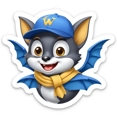 Friendly flying fox bat mascot with cheerful mischievous expression, large spread wings, big expressive eyes with playful glint, smiling mouth showing small fangs, wearing yellow and blue scarf wrapped around neck, blue baseball cap tilted to one side, dark grey body with white highlights, circular composition sticker