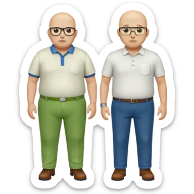 two guys, the first guy is white bald have glases a white dressshirt with rolled up sleeves and green pants he is over weight, The second guy has a yellow skin white golf shirt blue jeans and bald they should stand next to eachother sticker