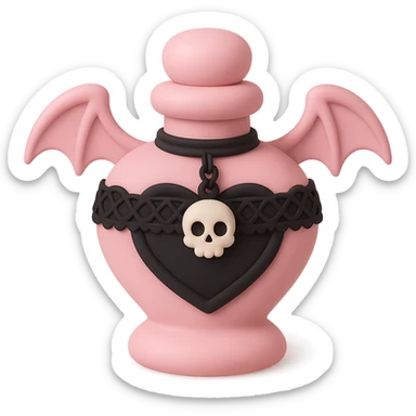 Create a mochi style pink goth potion bottle, with black lace and a small skull charm. Keep the soft and cute gothic look, no background. sticker