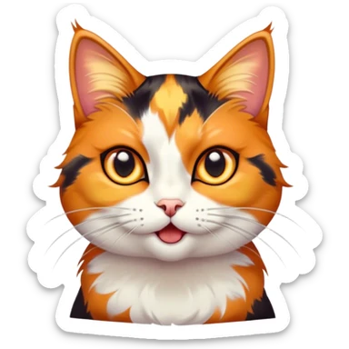 Cinematic Comical Calico Cat Portrait Emoji, Head tilted dramatically with an exaggeratedly surprised expression, showcasing a vibrant patchwork fur of orange, black, and white with wide, comically expressive eyes, simplified yet hilariously detailed, glowing with a sassy, golden radiance, high shine, exuding playful mischief and cheeky feline attitude, styled with a soft glowing outline, capturing the essence of a calico cat that looks ready to leap off the screen with mischievous flair! sticker