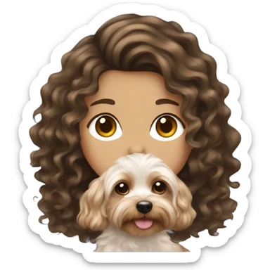 curly medium length brunette hair, white women holding a cute yorkie dog sticker