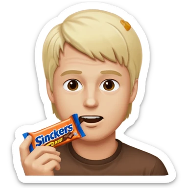 men with blond hairs eat a snickers sticker