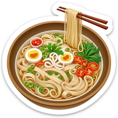 Yunnan over-the-bridge rice noodles with separate ingredients, simplified emoji style with bold outlines and bright colors, cartoon style Chinese noodle dish sticker