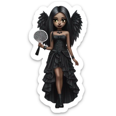Hyper Realistic Goth victoria secret model holding a Goth style handheld fan sticker