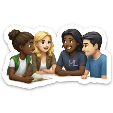 a group of 4 students discussing a to sticker