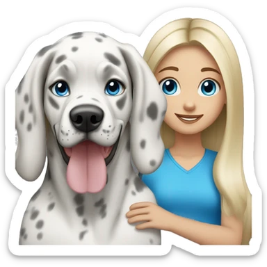 Blonde girl with blue eyes and long hair with a blue merle great dane dog sticker