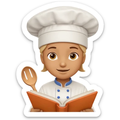 cute emoji-style character reading a cookbook, happy expression, chef hat sticker