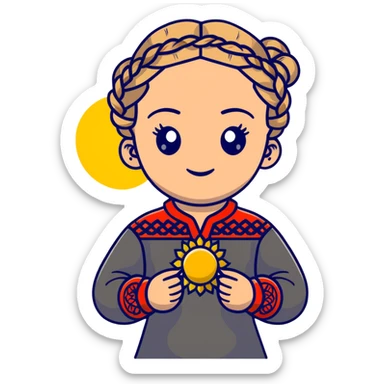 Ukrainian young girl with braided hair wearing traditional vyshyvanka embroidered shirt holding the sun in her hands sticker