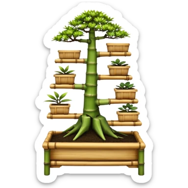 Wide Three tiered bonsai planters stand, shelving holding nine specimens and several small ones , frame made of one inch thick bamboo  sticker