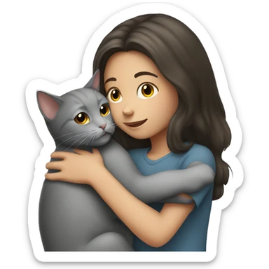 Brunette girl hugging gray cat sticker