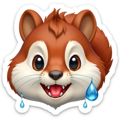 Front view of squirrel face with red-brown fur, prominent teeth, black eyes, and a huge blue drool droplet hanging from mouth, unmistakable drooling sticker