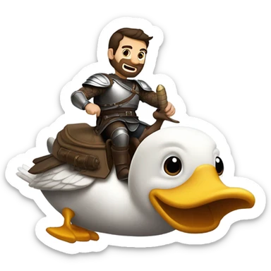 Confident armored White Man with dark brown hair and a short beard riding on the back of a giant armored duck pointing forward with one arm yelling a battle charge sticker