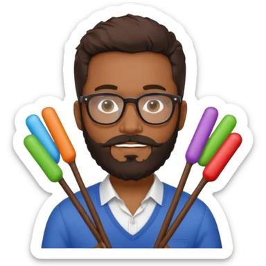 A brown Guy with Cartier style glasses with a beard, holding a bunch of rubber sticks each a different color sticker