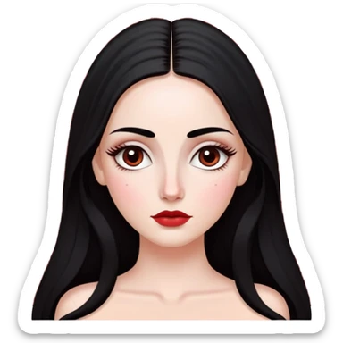 White girl with long oval shaped face, large almond shaped eyes with long eyelashes, long straight black hair falling in front of her bare shoulders, face closeup, with detailed pattern of red and white gopi dots in decorative arrangement above eyebrows sticker