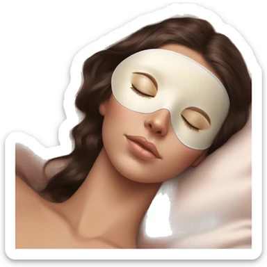 pretty brunette girl sleeping with cream coloured satin eyemask soft textures and ethereal glow sticker