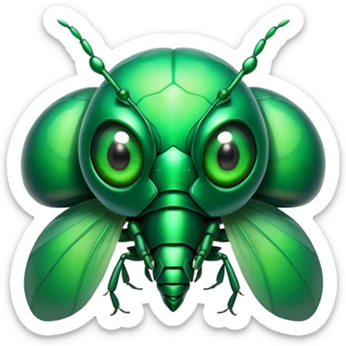 Cinematic Noble Green Bugdie Portrait Emoji, Poised and regal, with a tiny, delicate build and a vibrant, well-detailed emerald exoskeleton, deep-set soulful multifaceted eyes, Simplified yet sharp and sophisticated features, highly detailed, glowing with a soft, dignified glow, high shine, intelligent and alert, stylized with an air of miniature majesty, focused and attentive, soft glowing outline, capturing the essence of a watchful and confident insect, so majestic it feels as though it could scuttle out of the screen with effortless authority! sticker