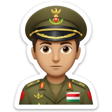 Portrait of an Iranian soldier with an Iranian flag chevron on his shoulder and chest sticker